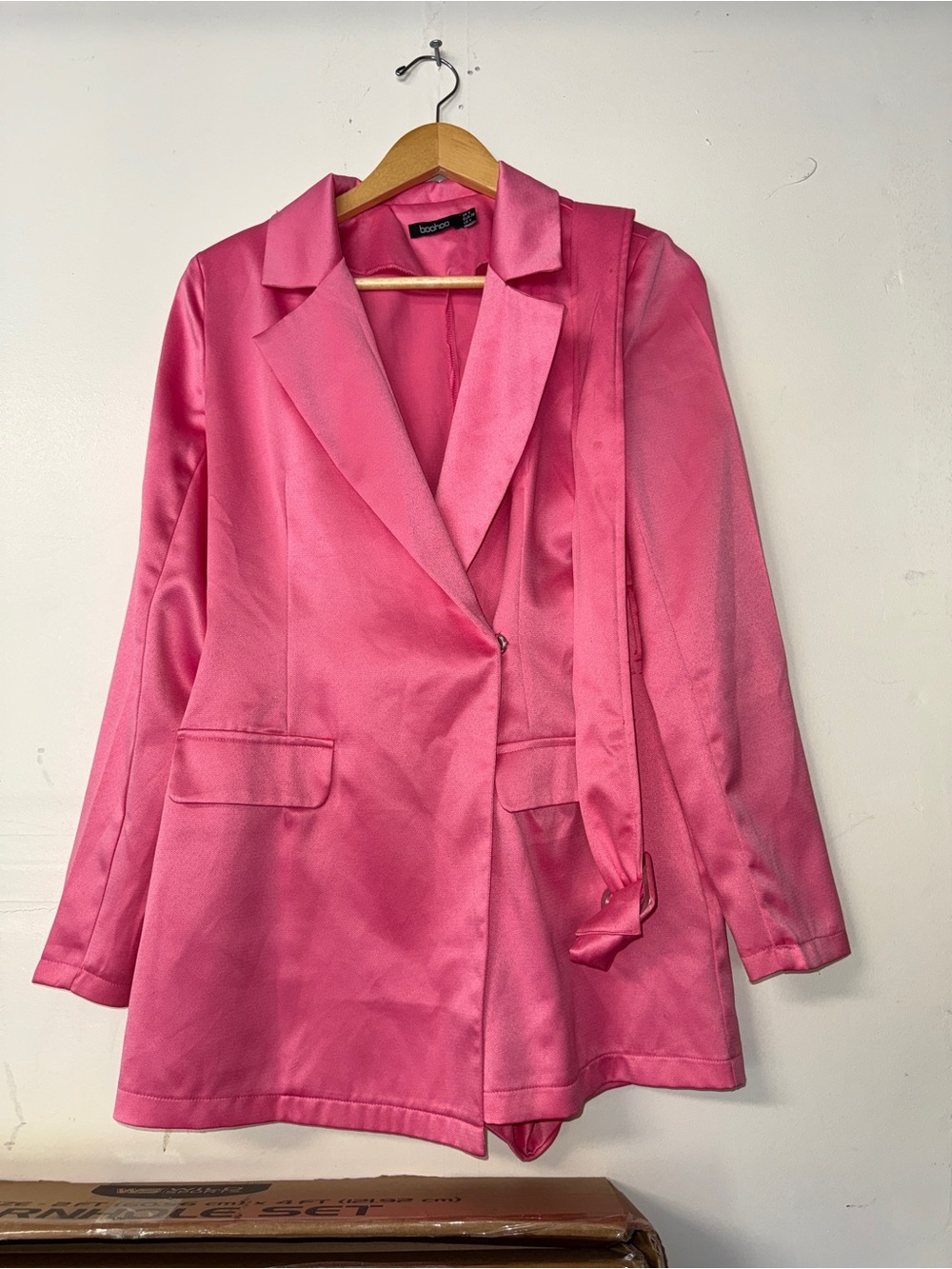 Boohoo Hot Pink Satin Blazer with Waist Sash